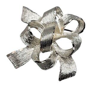 Tara Signed Bow Brooch Textured Silver Tone Ribbon Polished Edges Vintage